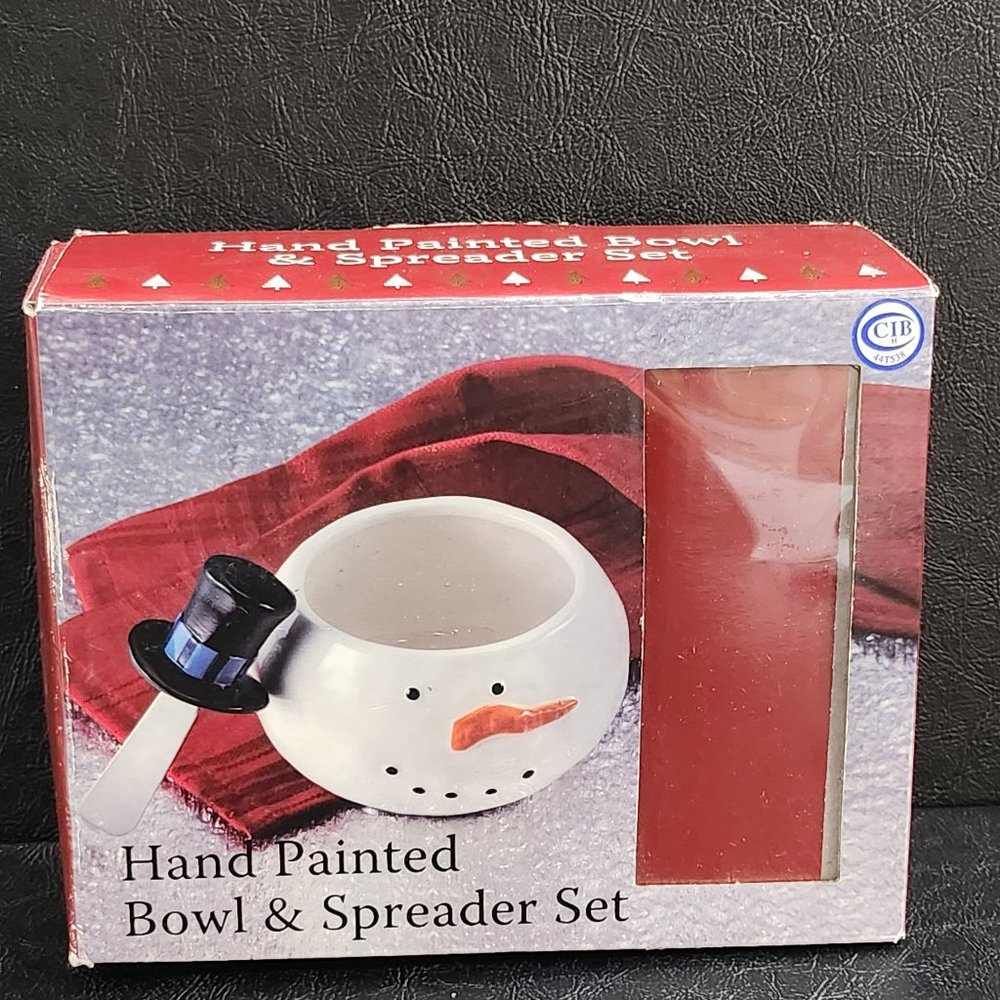 NIB Snowman Hand Painted Bowl and Spreader Set Christmas Bowl